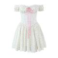 Flat lay view of the dress, featuring a corset-style bodice, pink gingham ribbon, and ruffled floral print skirt.