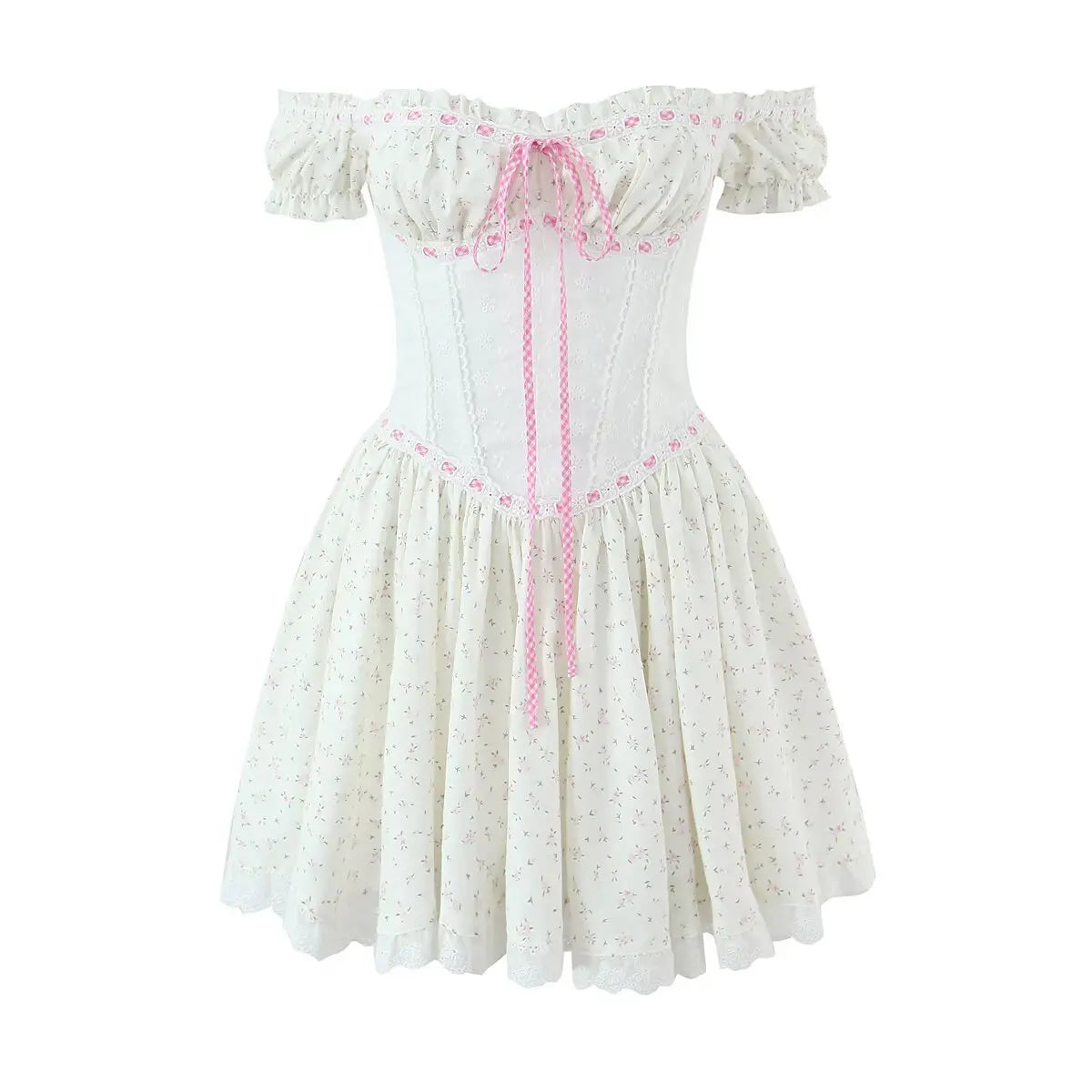 Flat lay view of the dress, featuring a corset-style bodice, pink gingham ribbon, and ruffled floral print skirt.