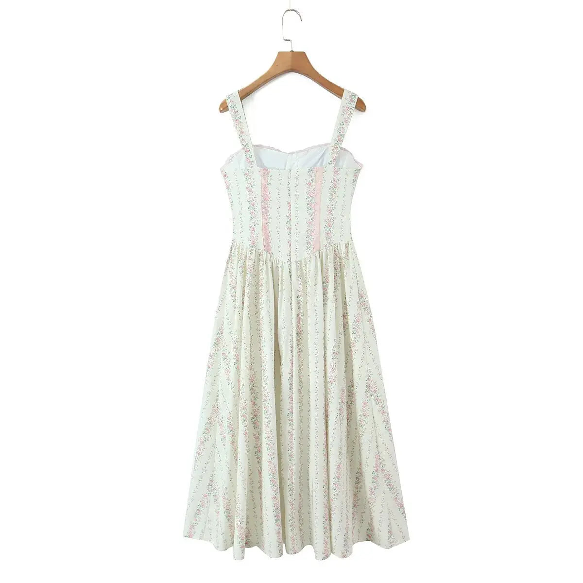 Hanging back view of the dress, featuring corset-style lace-up detail and full gathered skirt.