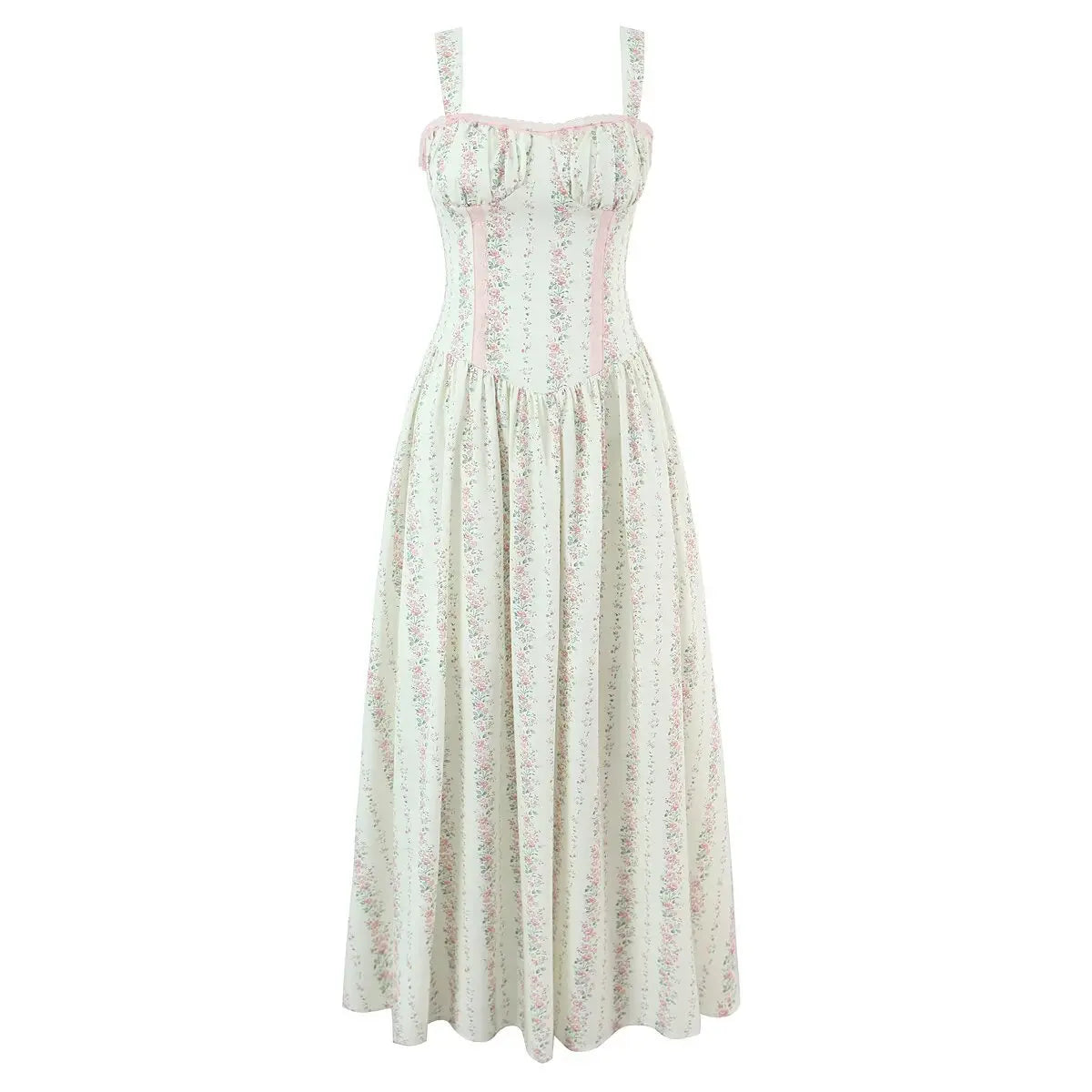 Full front view of the dress, featuring the corset-style bodice, lace trim, and vertical floral print maxi skirt.