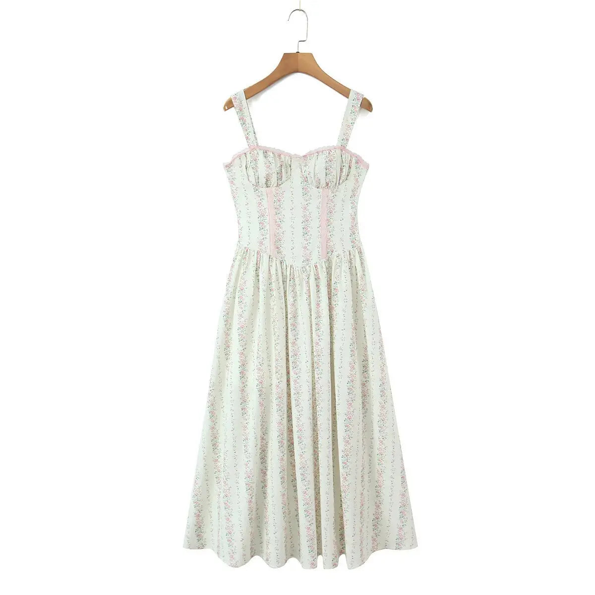  Hanging front view of the dress, showcasing the corset bodice, floral print, and full maxi skirt.