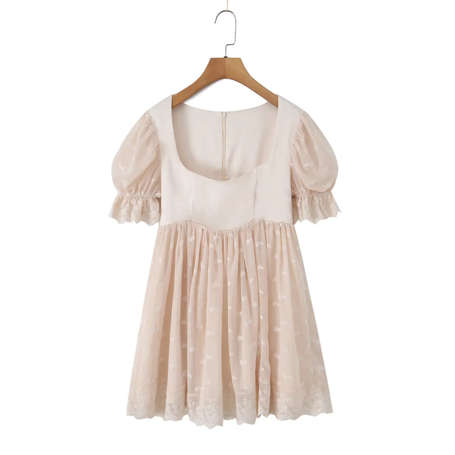 Cream fairy tulle dress full wood hanger shot, wide square neck puff sleeve lace cuffs daisy embroidered swing skirt full silhouette display