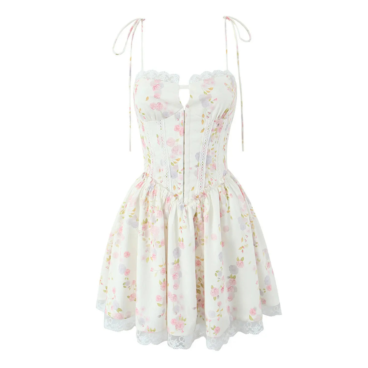 Cream floral print corset cami mini dress, tie spaghetti straps, lace trim neckline and hem, front studio shot