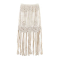 Full back flat view isolated white background, cream boho crochet tassel midi skirt