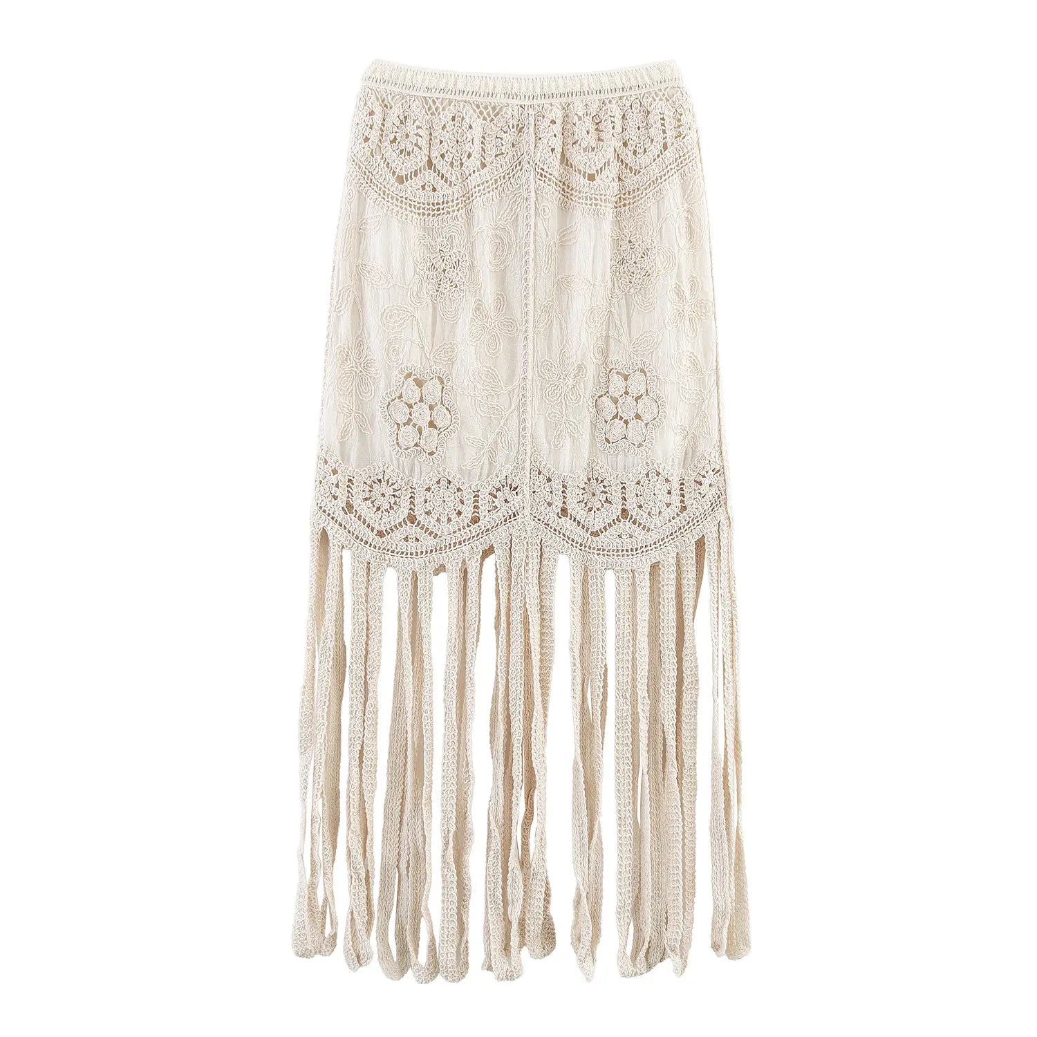Full back flat view isolated white background, cream boho crochet tassel midi skirt