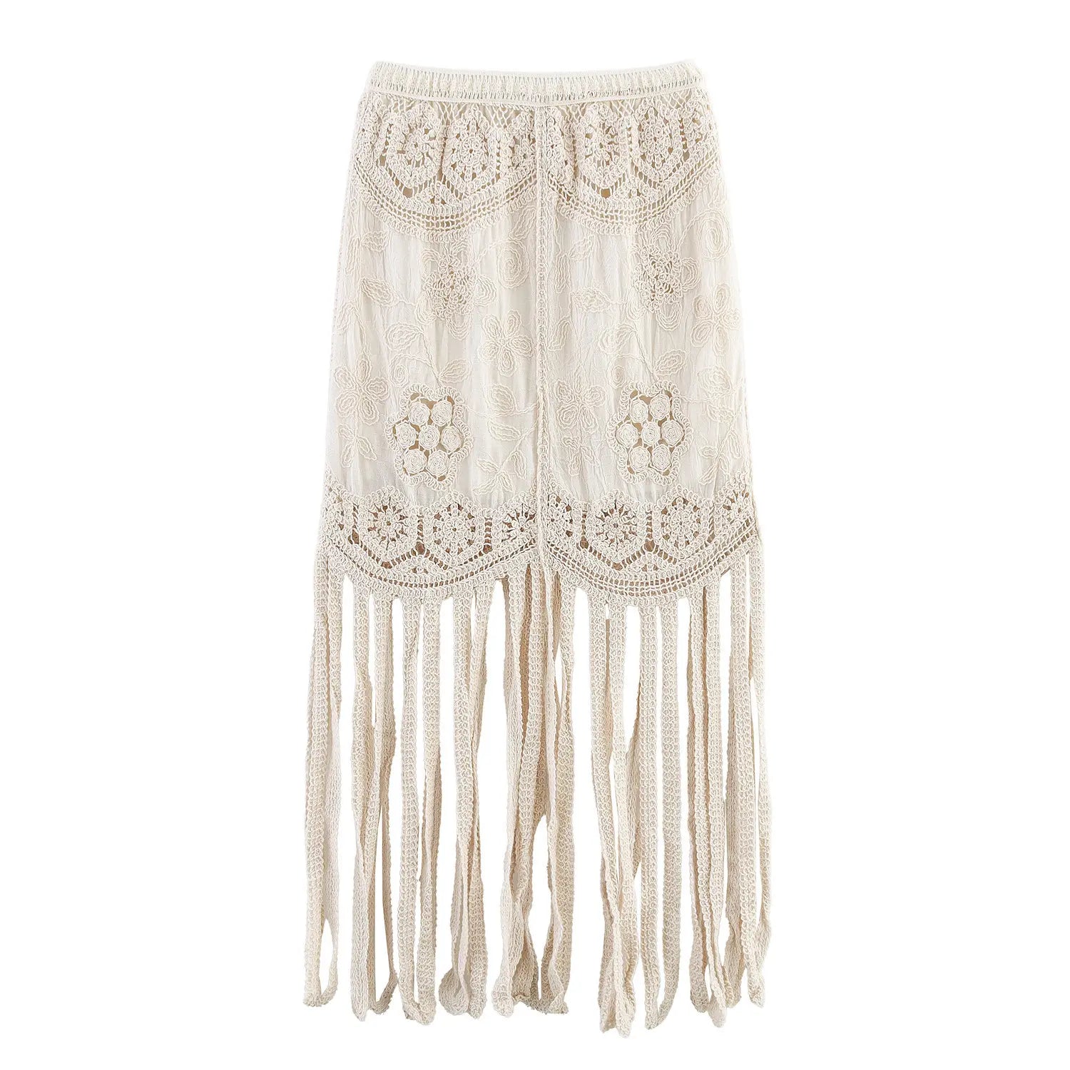 Full front flat view isolated white background, cream boho floral crochet tassel midi skirt