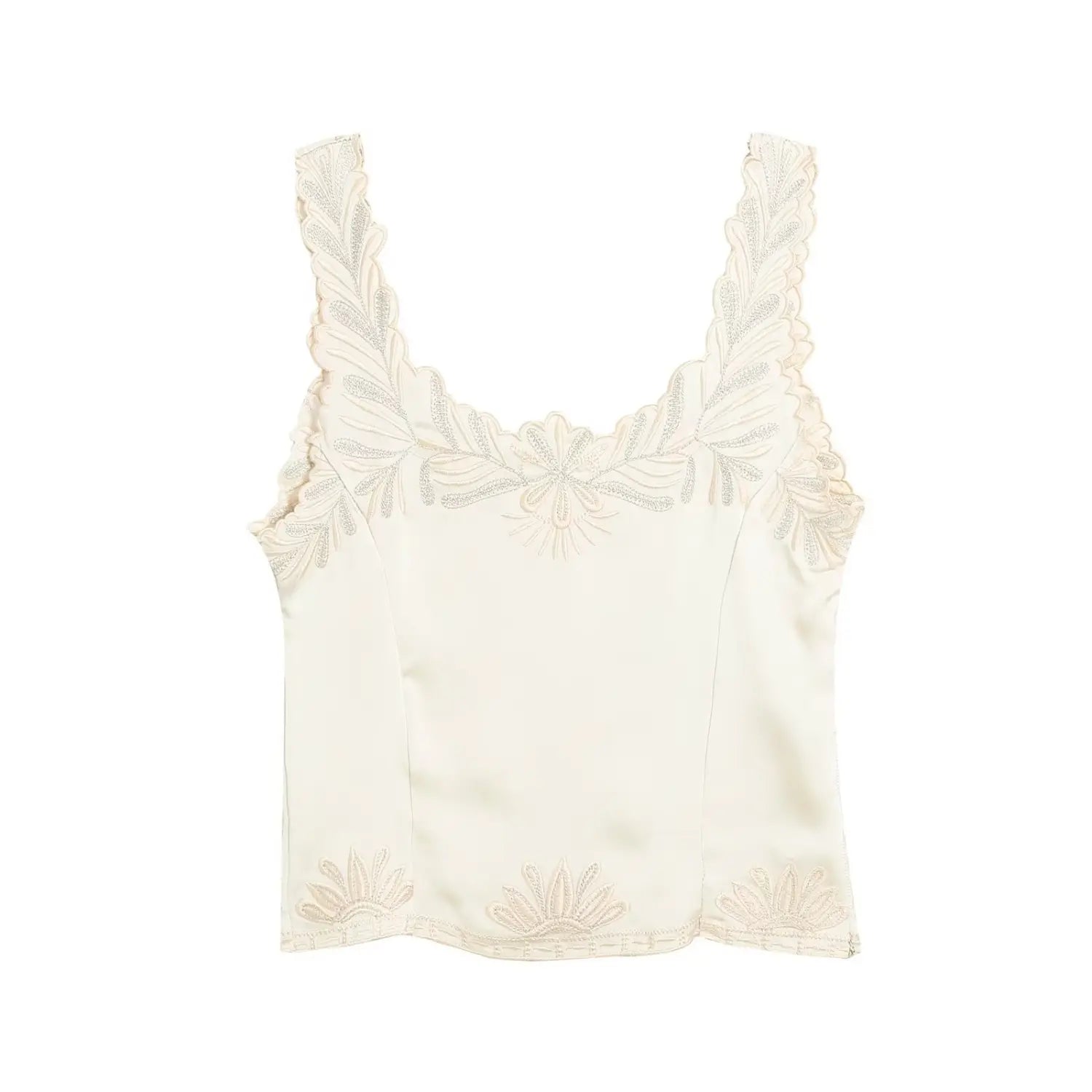 Cream satin camisole top with floral embroidery, back flat lay on white background