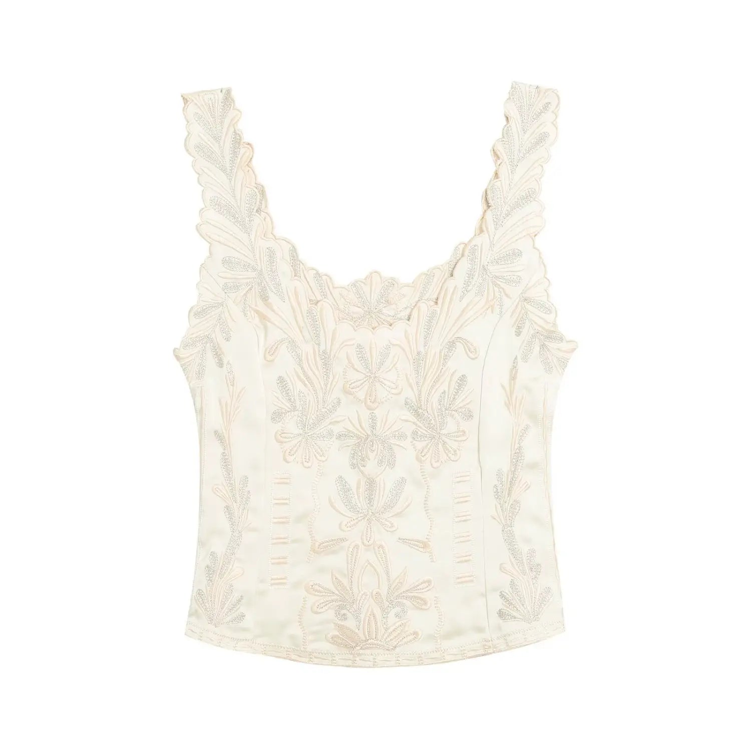 Cream satin camisole top with floral embroidery, front flat lay on white background