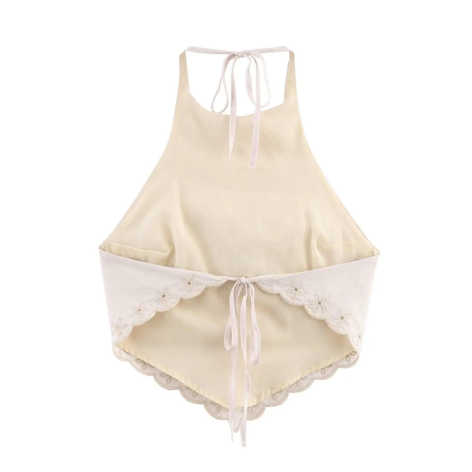 Back full view isolated white background, cream halter crop top with back waist tie and scalloped hem