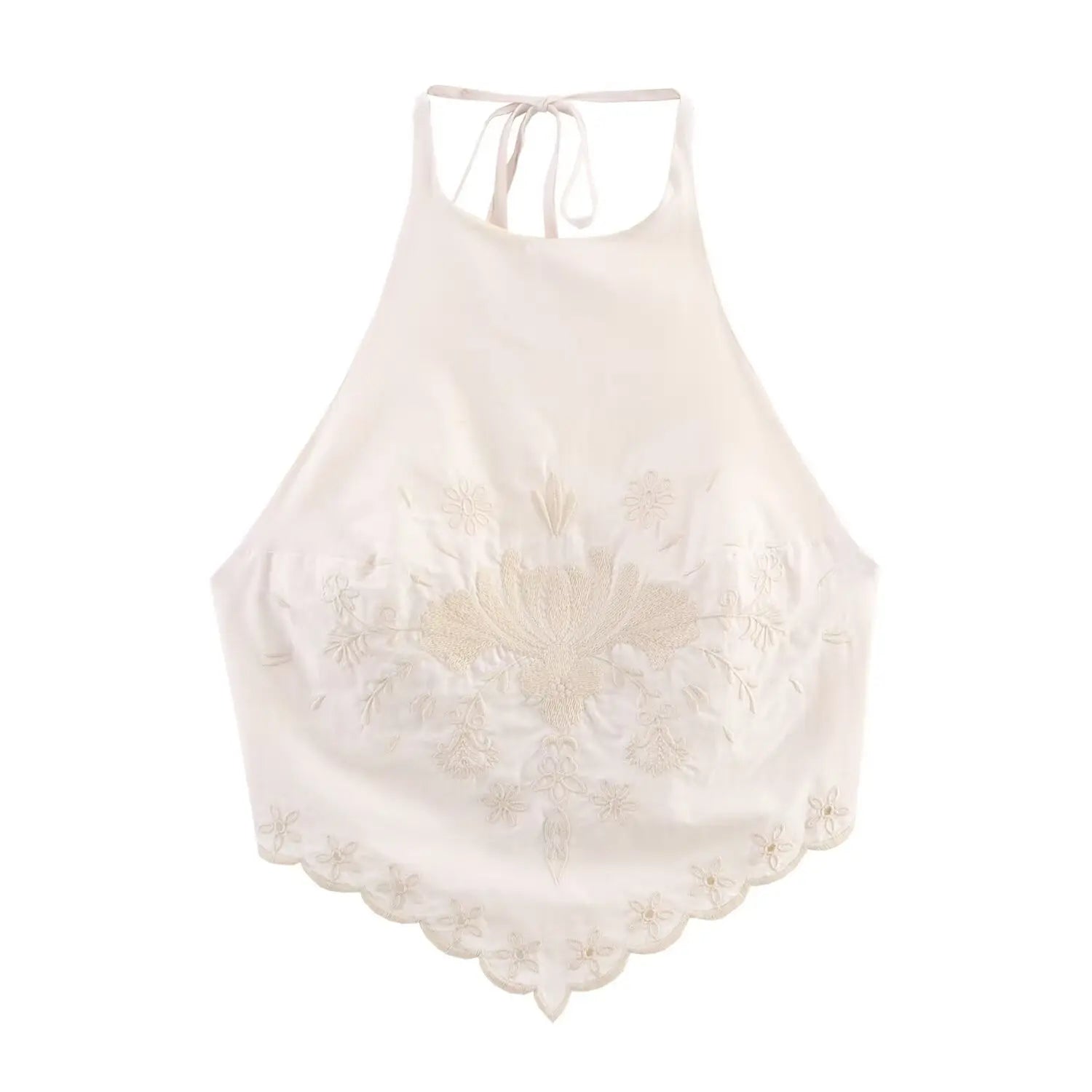 Front view isolated white background, cream halter neck crop top with vintage floral embroidery and scalloped pointed hem