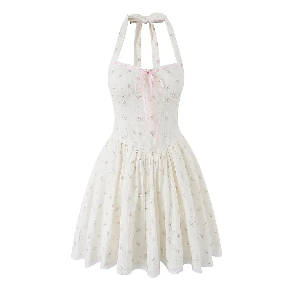 Cream floral print halter mini dress, full front view on white background