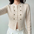 Women wearing cream lace cropped blazer, vintage military style fitted lace outerwear with white skirt