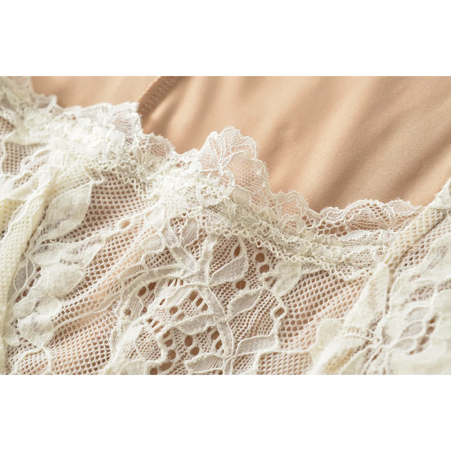 Macro close‑up of cream floral lace fabric, intricate flower pattern, mesh texture against nude lining