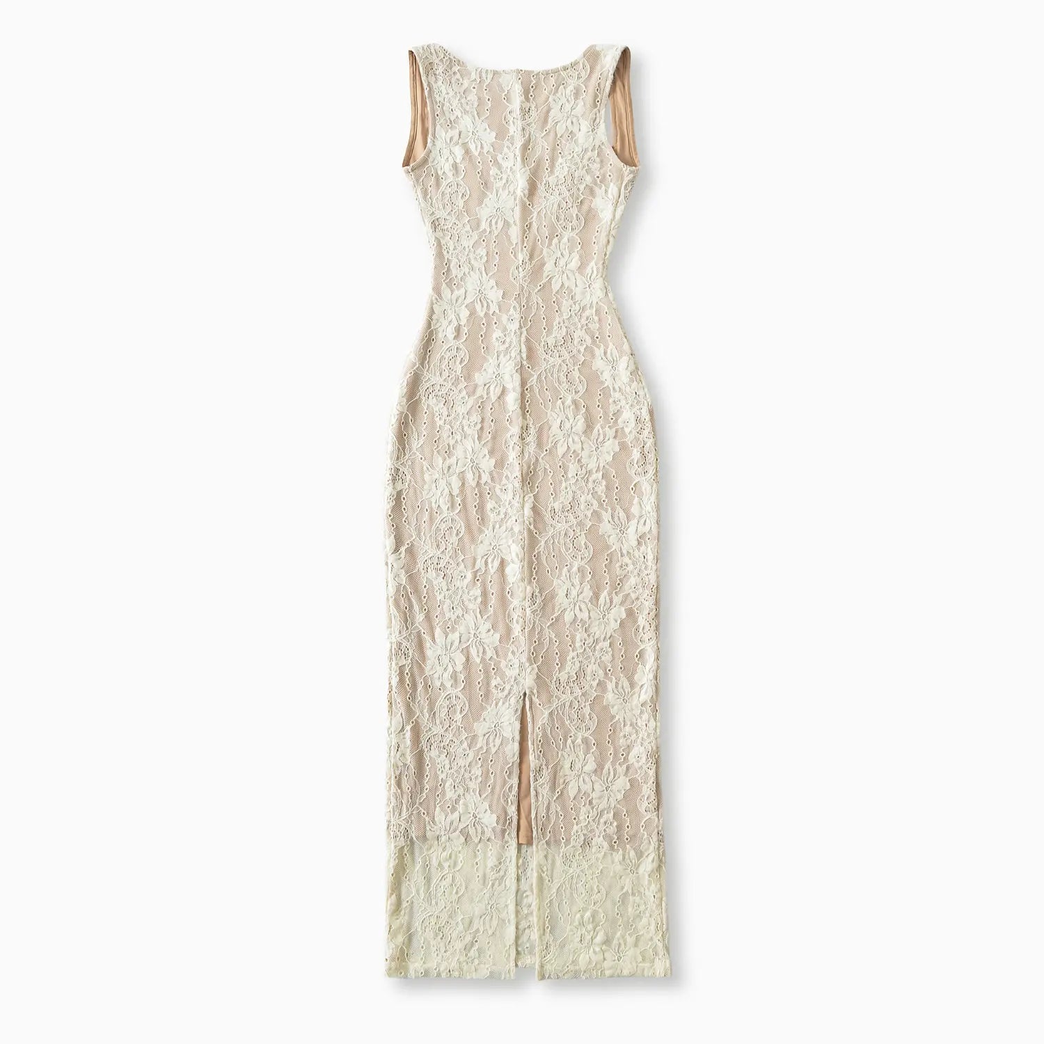 Flat lay back view of cream lace midi dress, center back zipper and bottom hem vertical slit, all‑over floral lace overlay