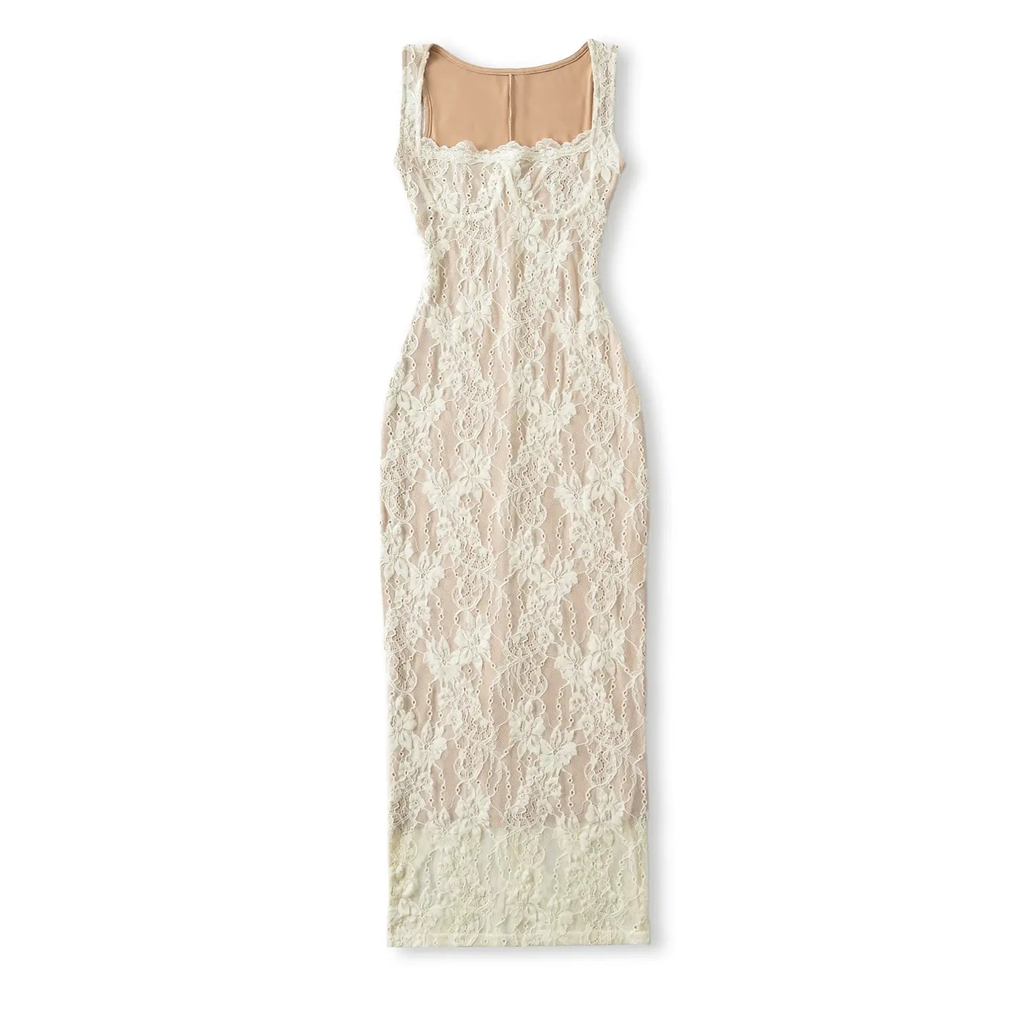 Flat lay front view of cream floral lace sleeveless midi bodycon dress, nude lining, scallop square neckline