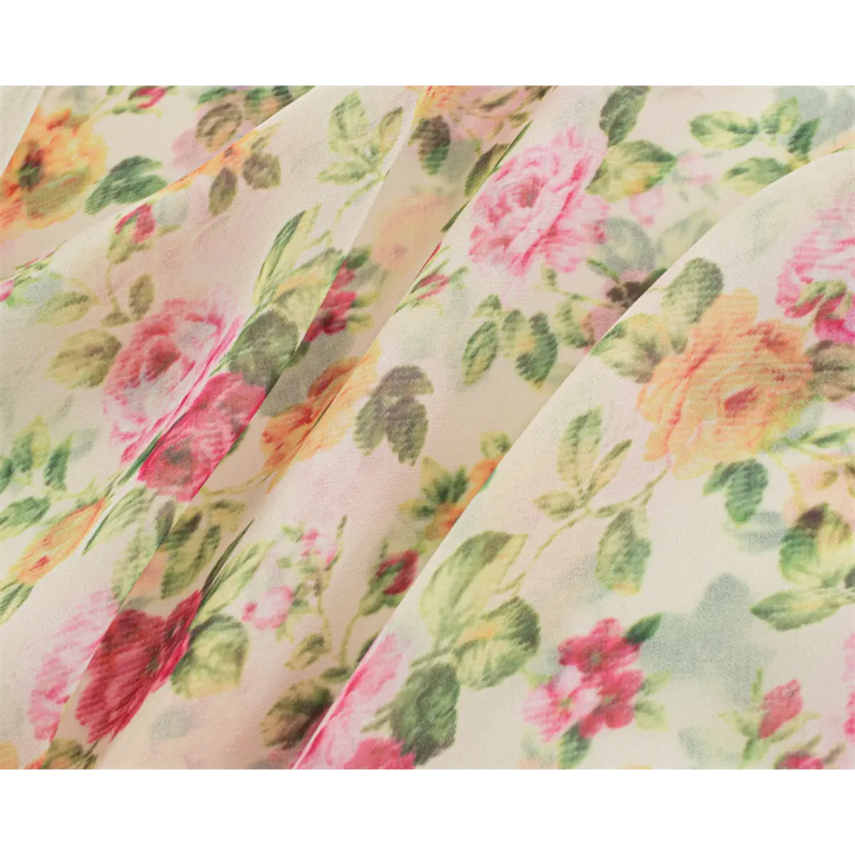 Close-up of the soft watercolor floral print and semi-sheer fabric texture on the cream maxi dress