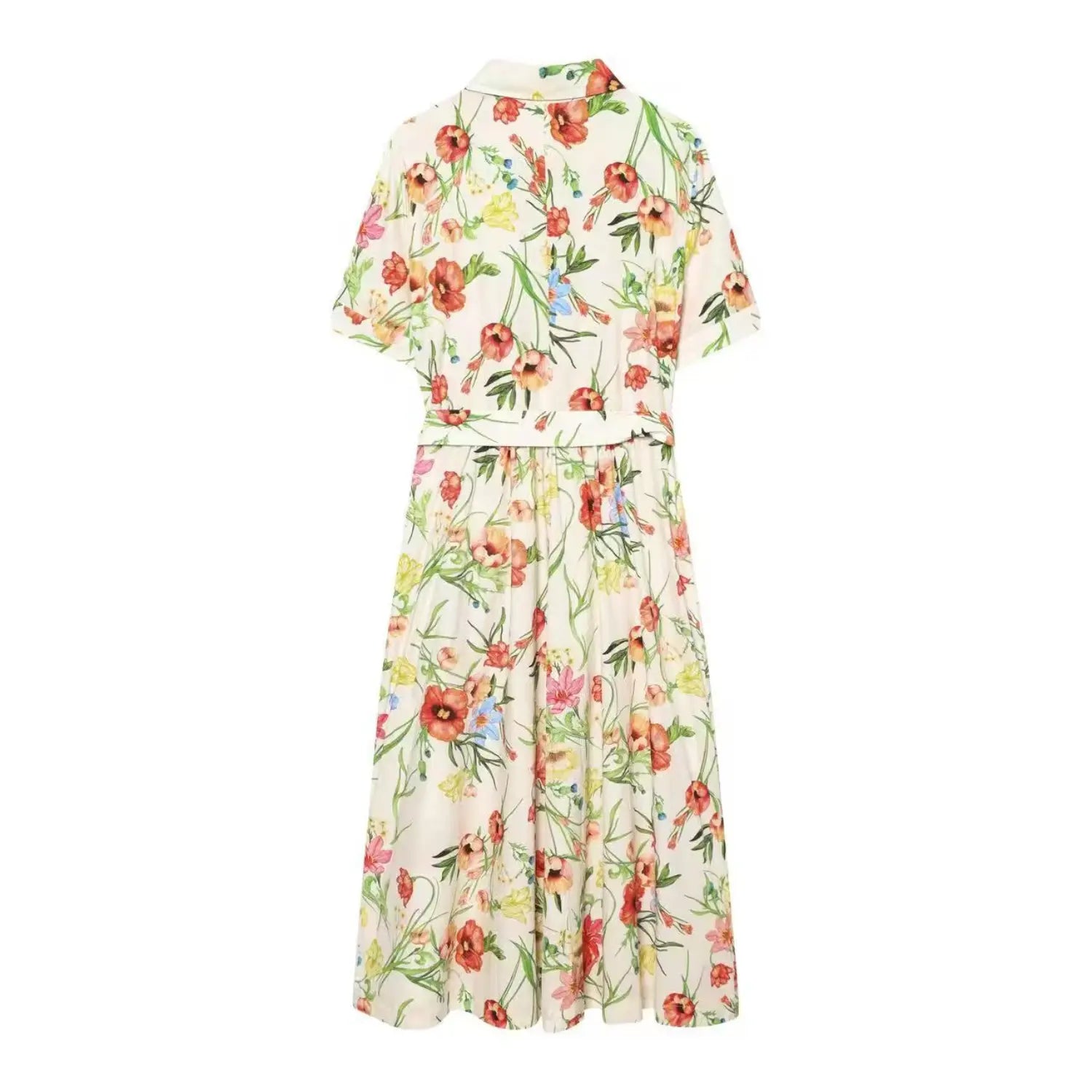Cream watercolor floral shirt midi dress, back view, collar, relaxed fit, self tie waist belt and flowy midi skirt