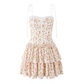 Cream floral print cami tiered mini dress, full front view on white background