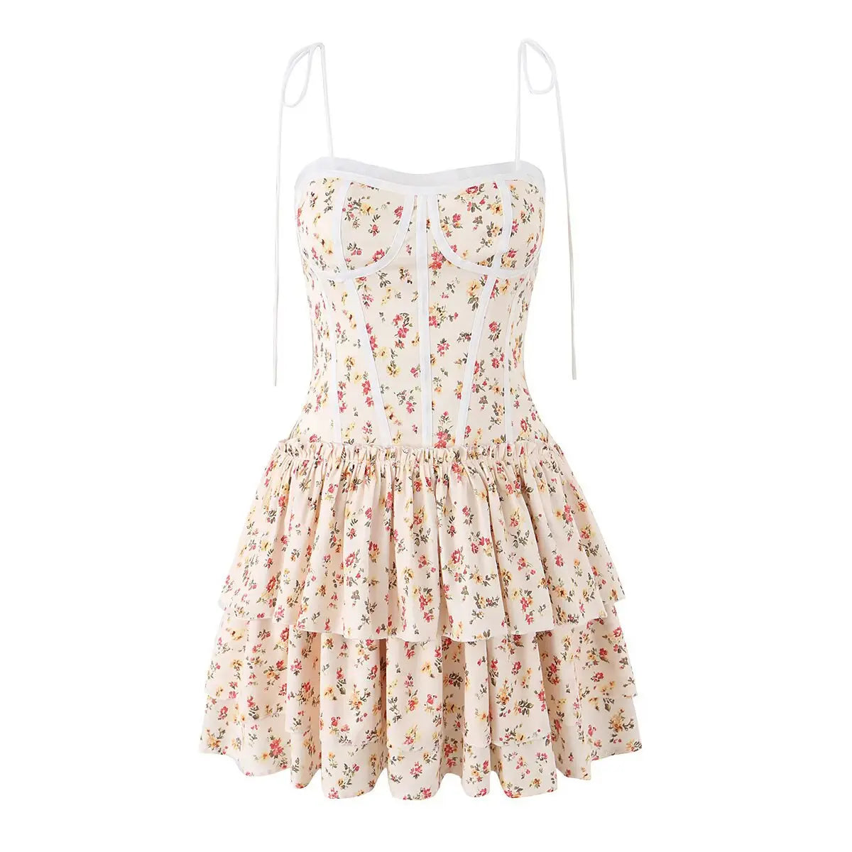 Cream floral print cami tiered mini dress, full front view on white background