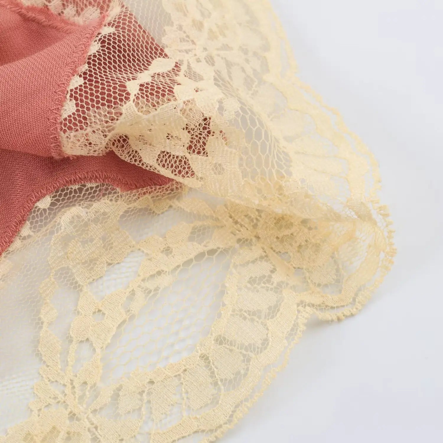 Extreme closeup showcasing hollow floral lace texture and stitching