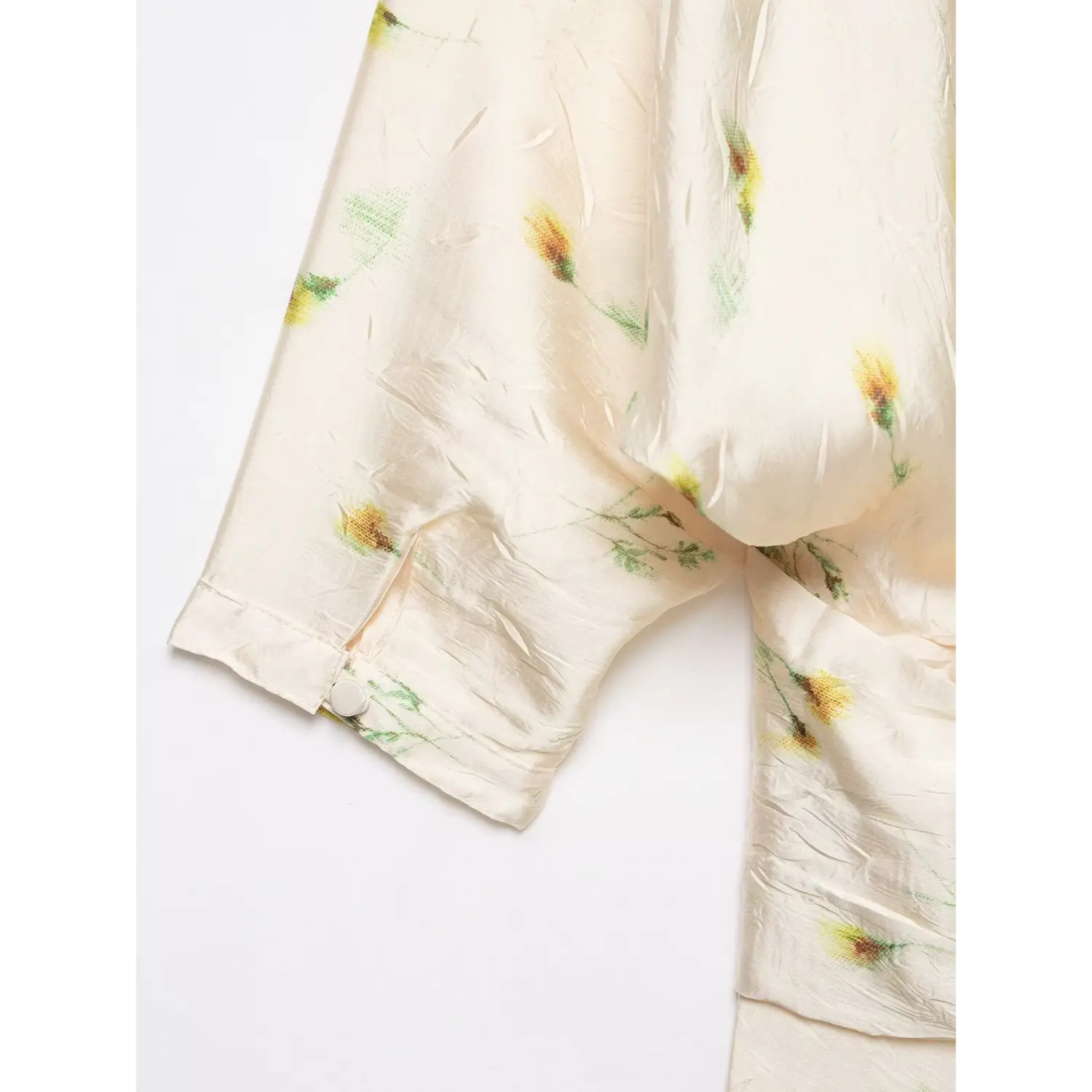 Sleeve cuff small button detail of cream three quarter sleeve floral wrap maxi dress