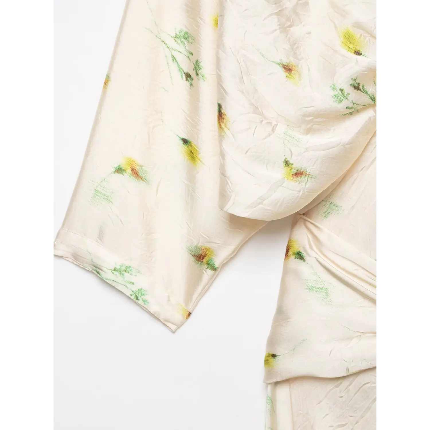 Three quarter sleeve close-up, loose batwing sleeve of cream wildflower print wrap maxi dress
