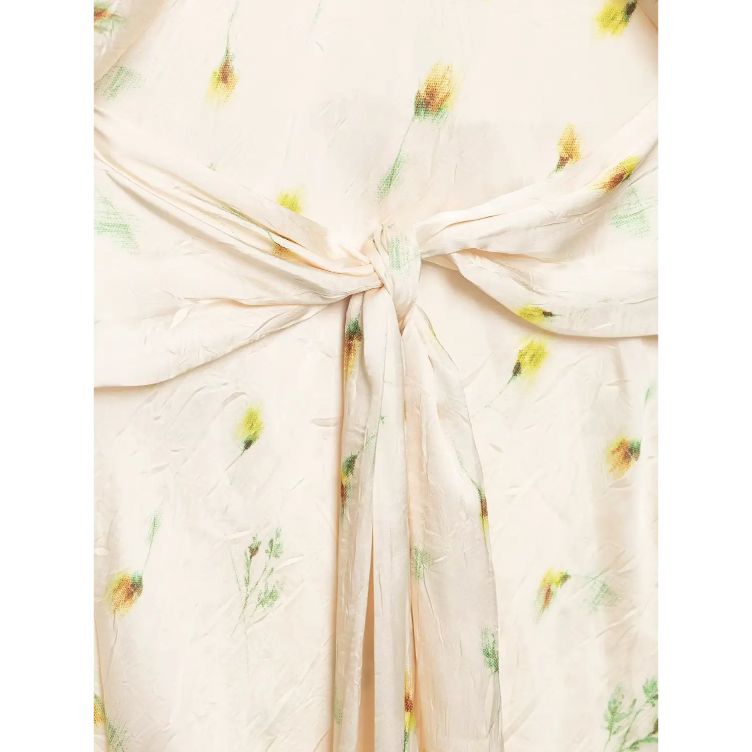 Waist self tie knot close-up on cream yellow floral wrap maxi dress, adjustable wrap waist design