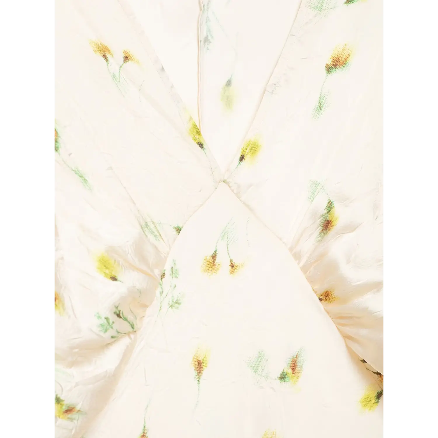 Close-up cross wrap v bust stitching of cream floral printed long dress
