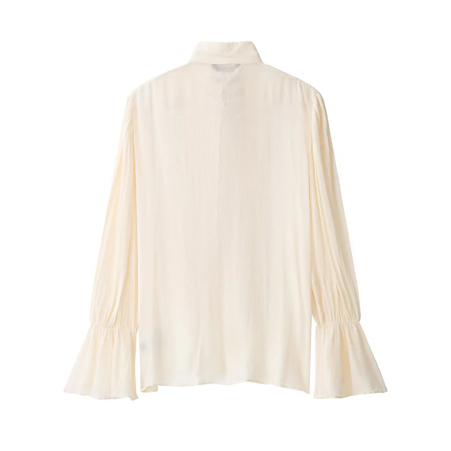 Cream textured chiffon blouse, plain back view, long bell sleeves, flat lay