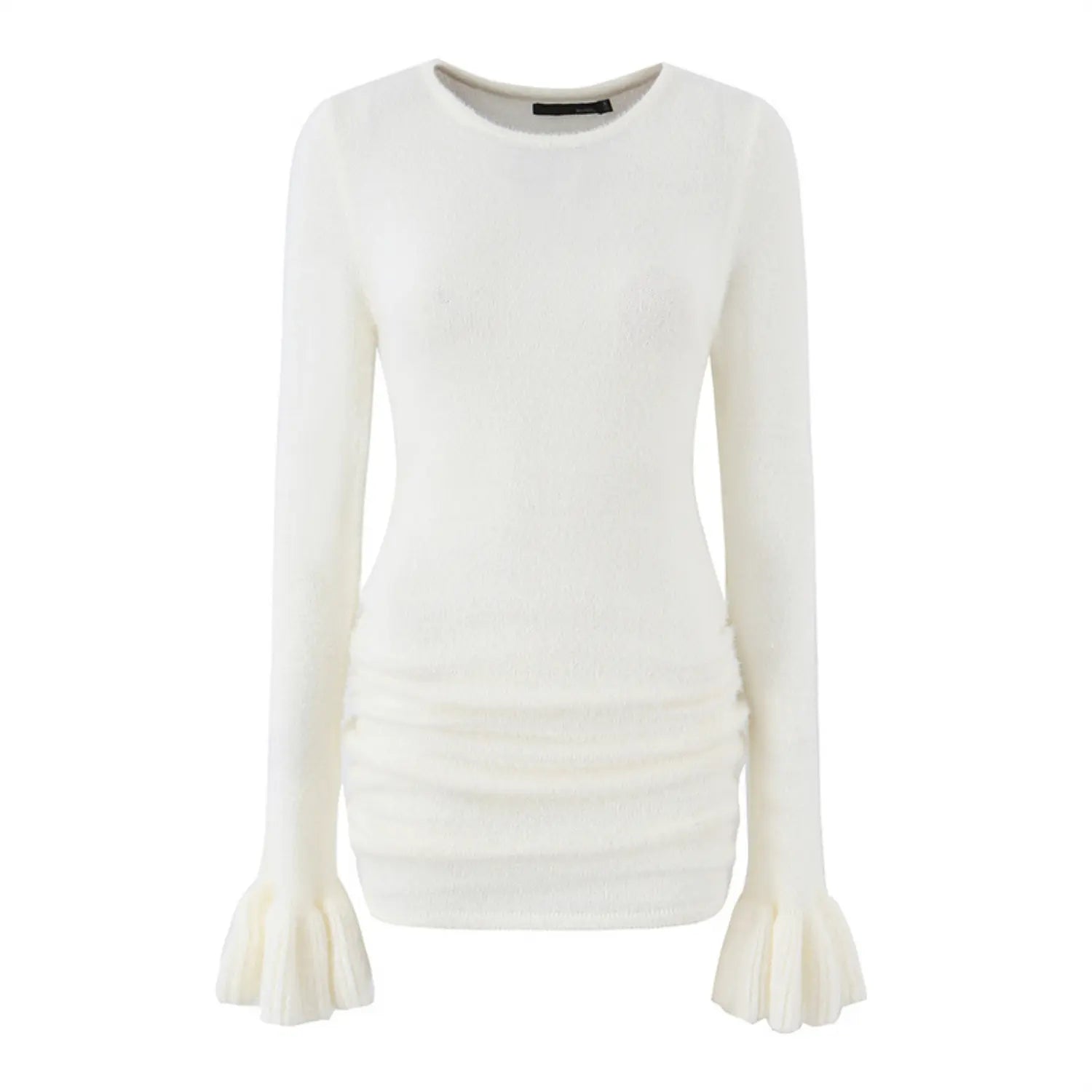 White background women fuzzy mink knit slim top, round neck flared bell cuff ruched waist long sleeve fitted tunic cream front view