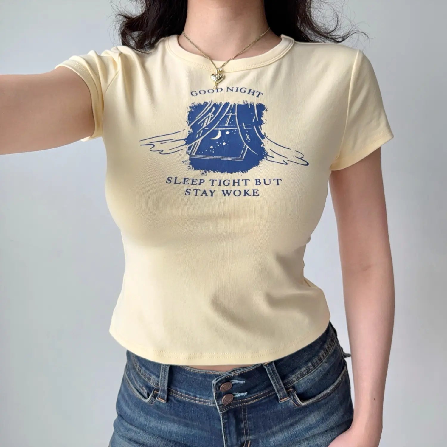 Cream yellow good night slogan printed cropped tee, stretch slim fit short cap sleeve vintage women casual fitted top