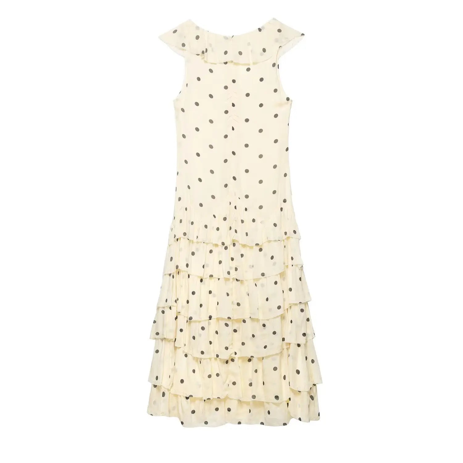 Full back flat view of the polka dot maxi dress, featuring central back zipper and layered tiered skirt hem