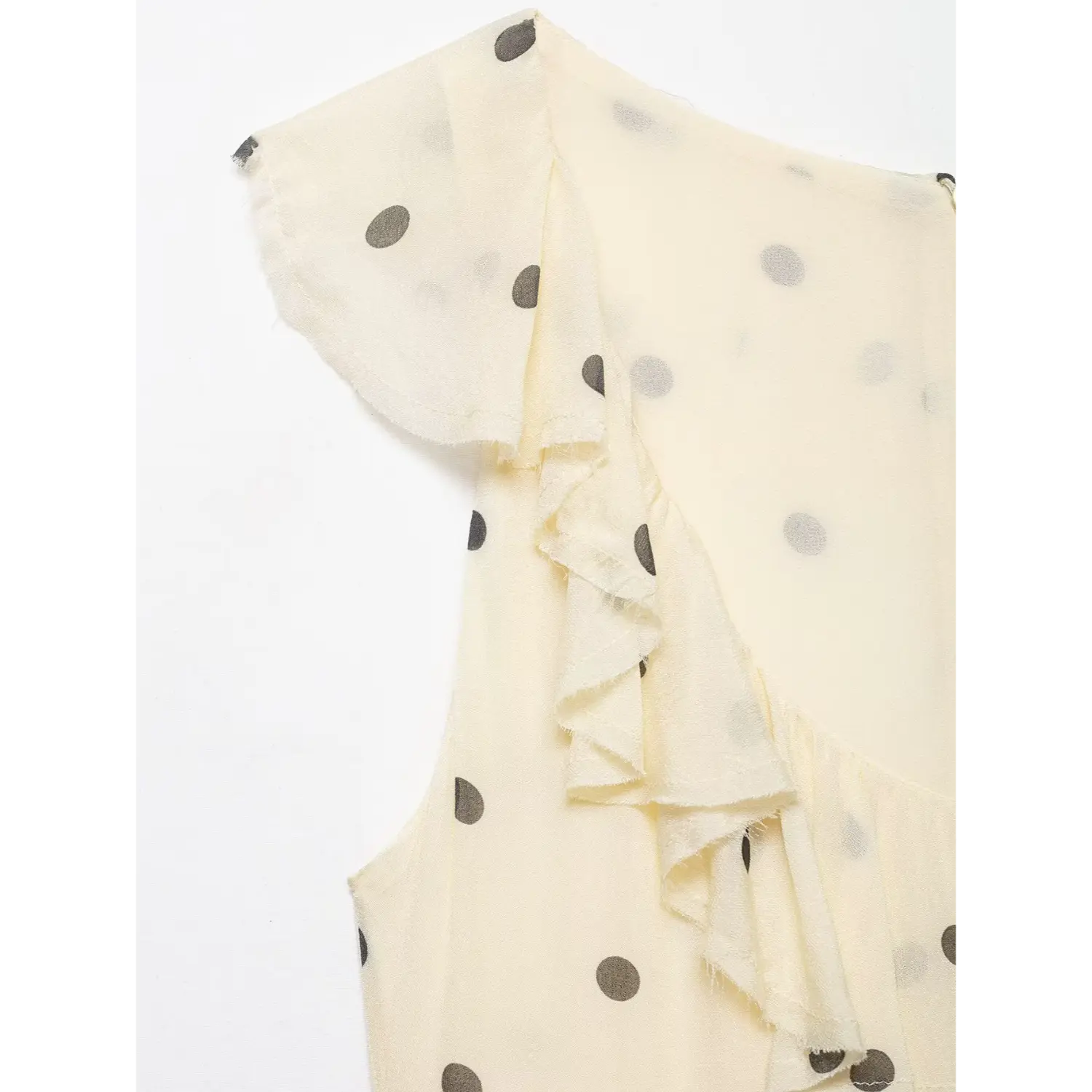 Close-up of flutter shoulder ruffle and layered neck frill, showing sheer chiffon texture
