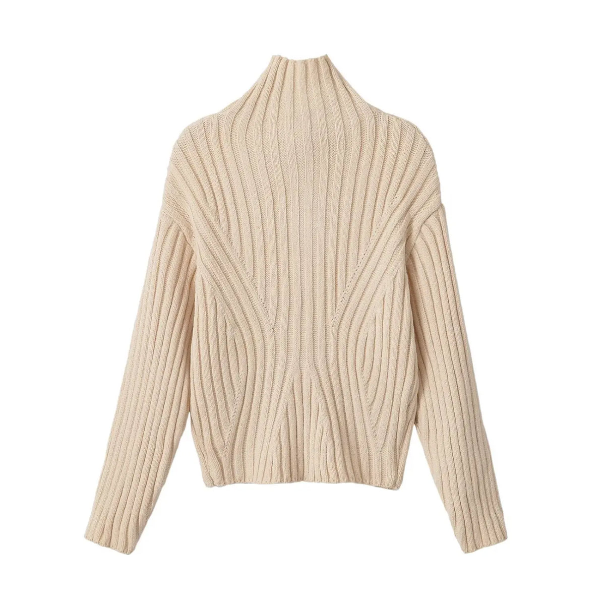Cream half zip mock neck ribbed knit sweater, back flat lay