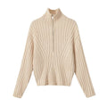 Cream half zip mock neck ribbed knit sweater, front flat lay