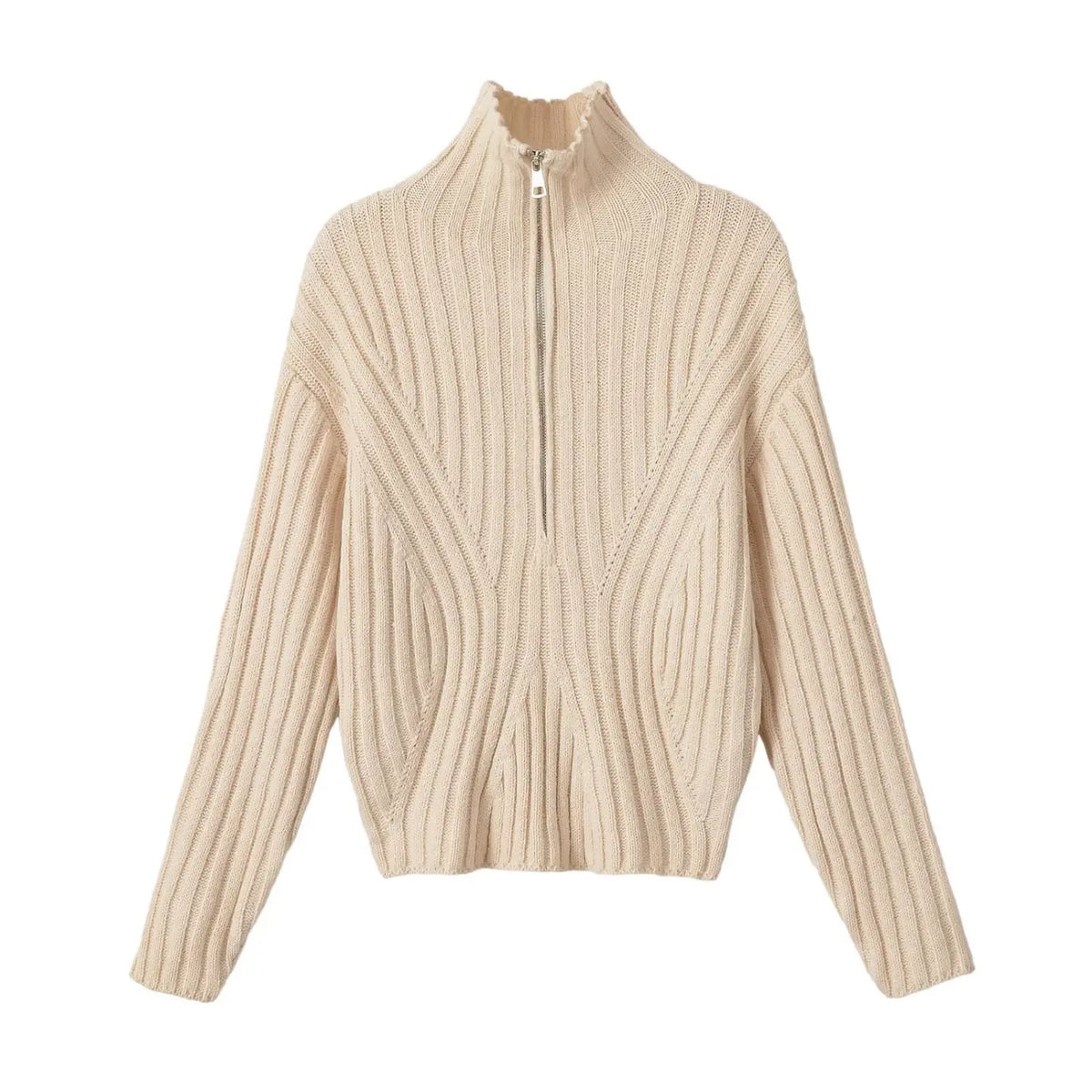 Cream half zip mock neck ribbed knit sweater, front flat lay