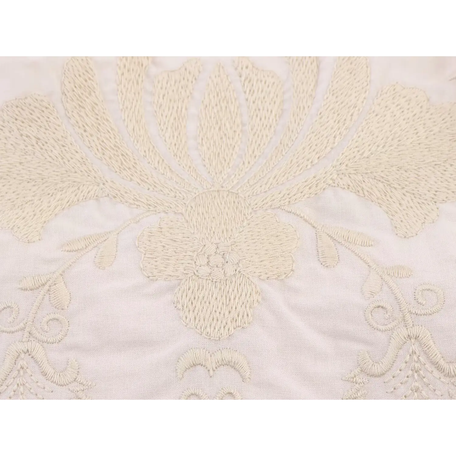 Macro close‑up of large vintage floral embroidery motif on front of cream halter top