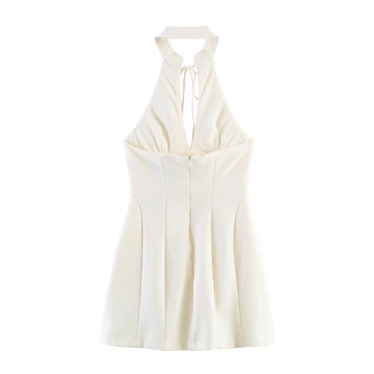Back flat lay shot of cream halter mini dress, back zipper, open halter cutout