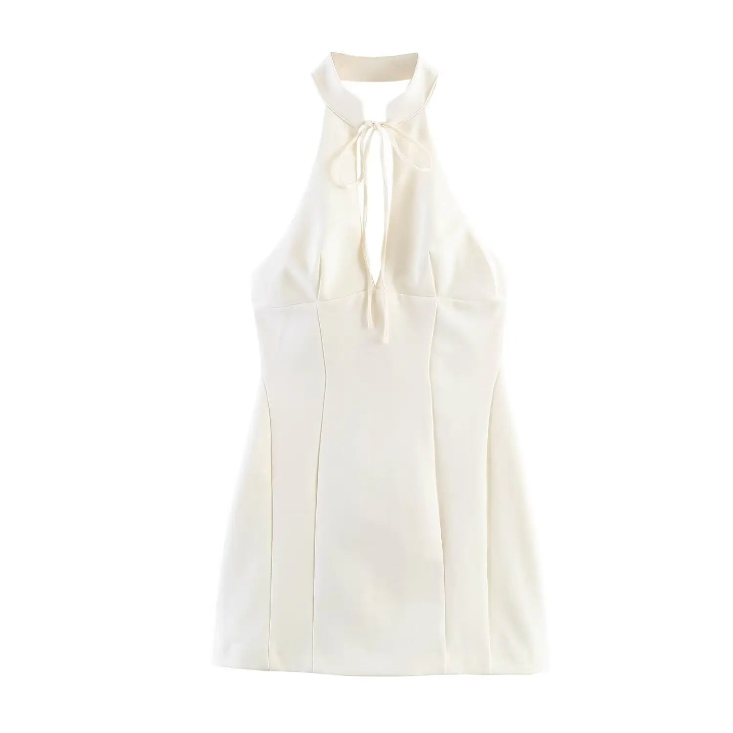 Front flat lay view of cream halter mini dress, stand collar, front tie keyhole, fitted seamed silhouette