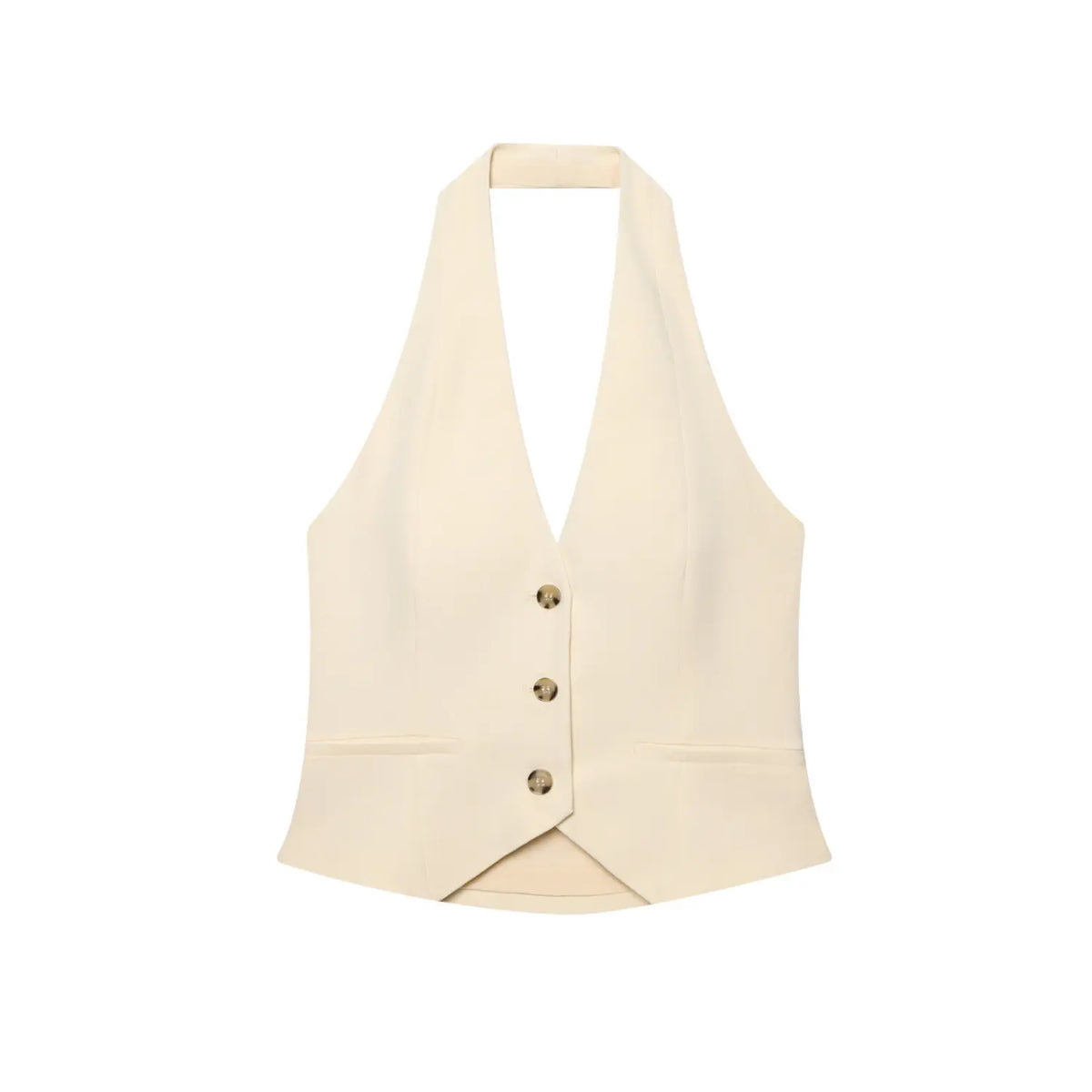 Front flat lay of cream halter neck button waistcoat
