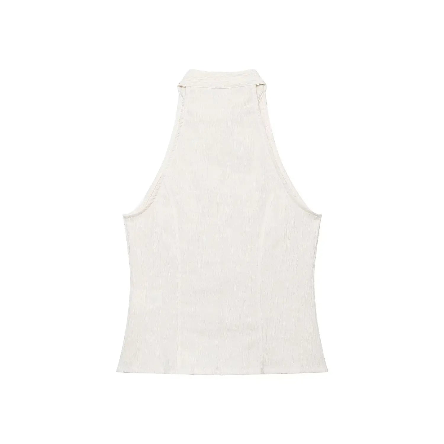Flat lay back view cream textured halter sleeveless top, plain back fabric stitching detail