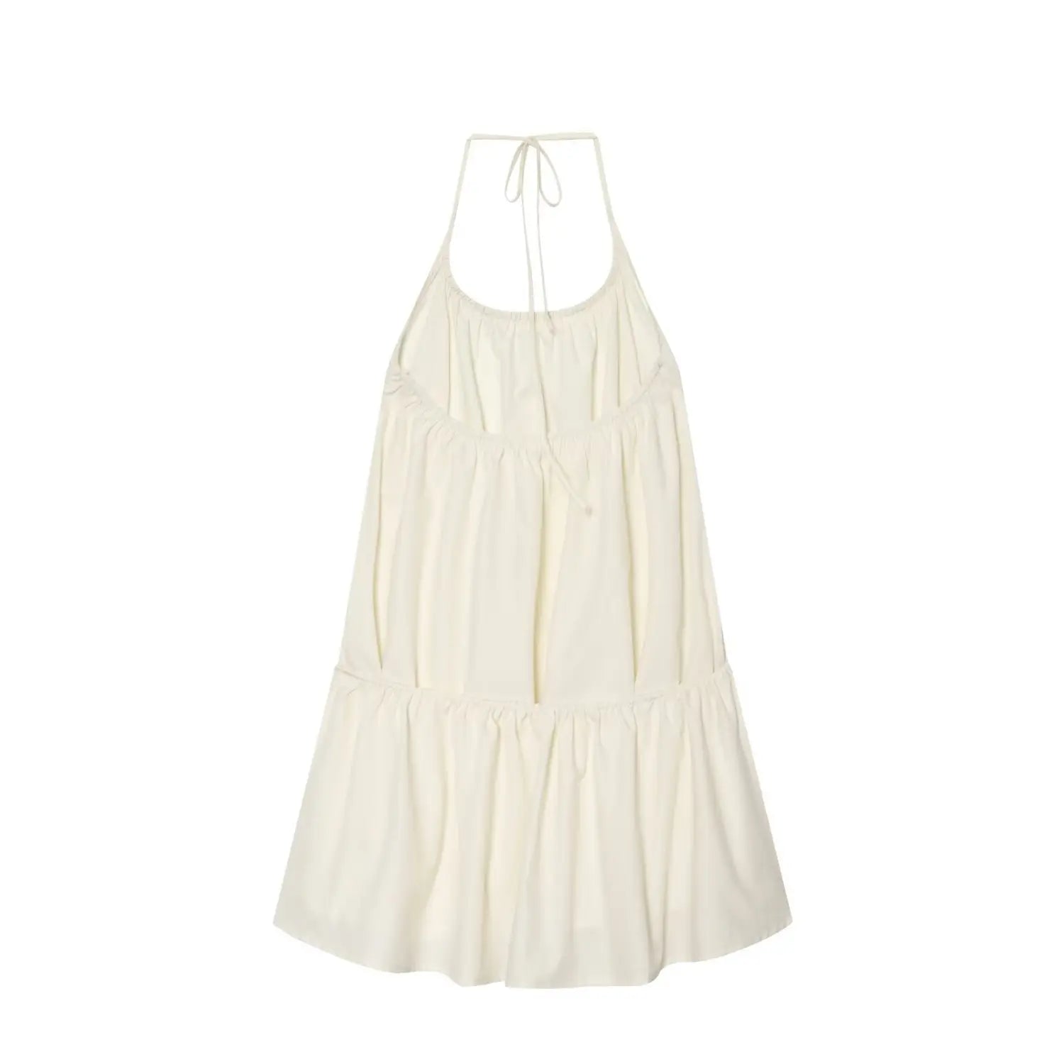 Flat lay back view of cream halter mini dress, open back halter tie closure, elastic gathered detail, tiered ruffle skirt, white background product shot