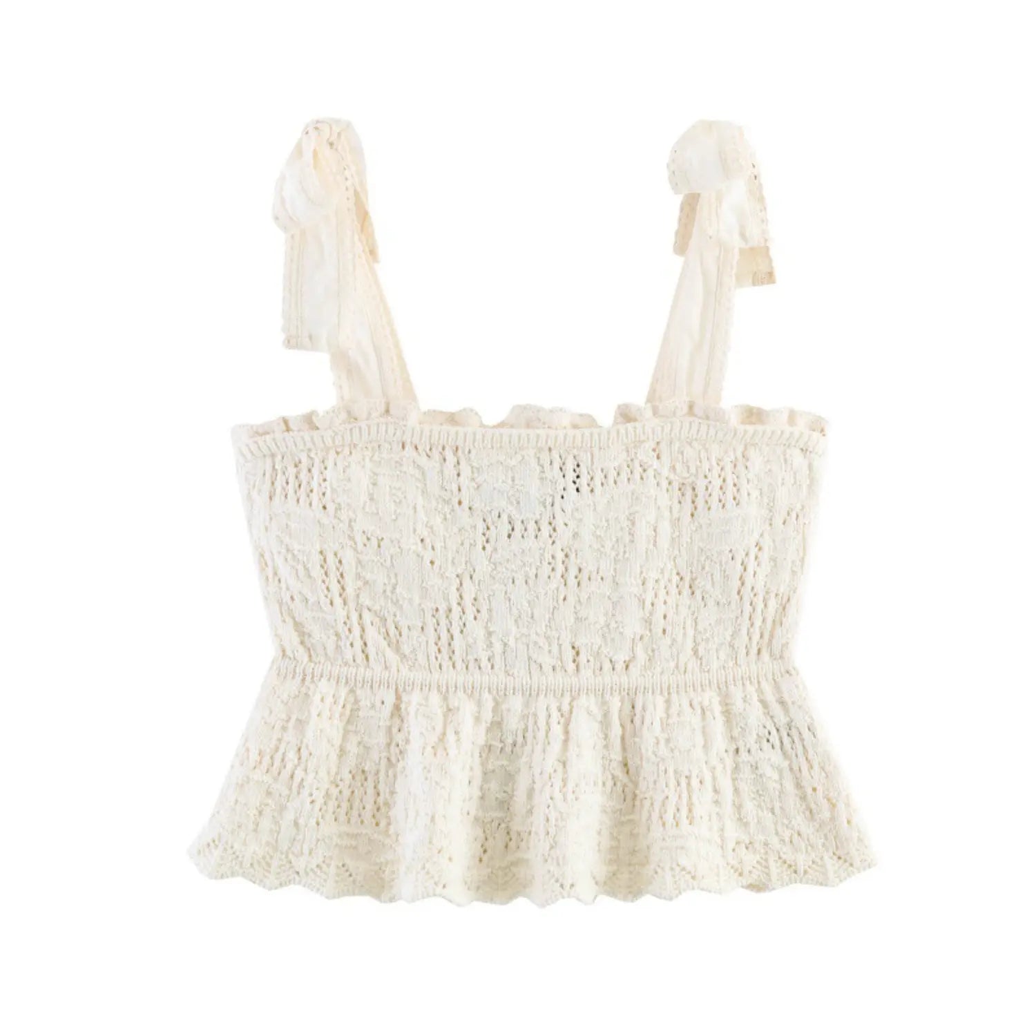 Front flat product shot cream crochet knit cami top, self tie lace bow shoulder straps, ruffle peplum waist, scalloped hem