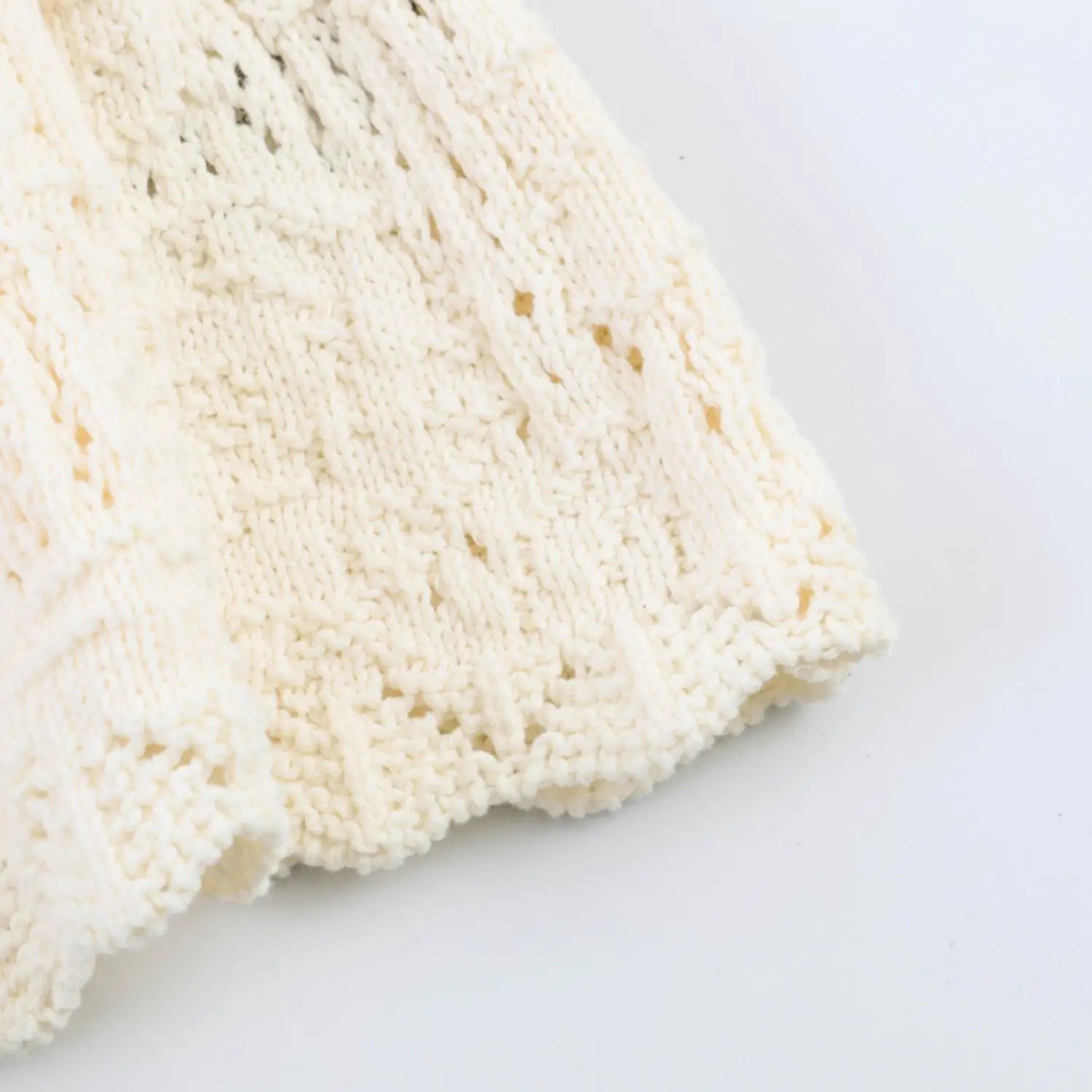 Extreme closeup textured openwork crochet knit fabric, soft lightweight woven texture
