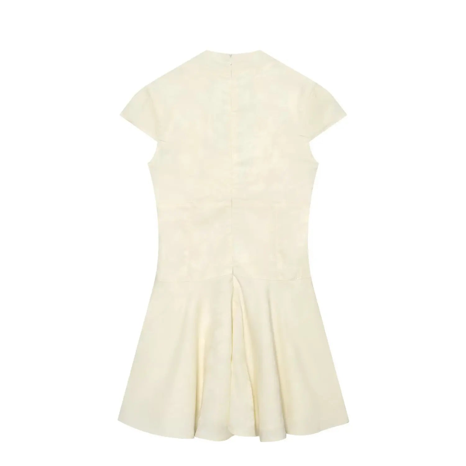 Back full shot cream jacquard short dress, center invisible zipper, tailored waist and flowy pleated hem