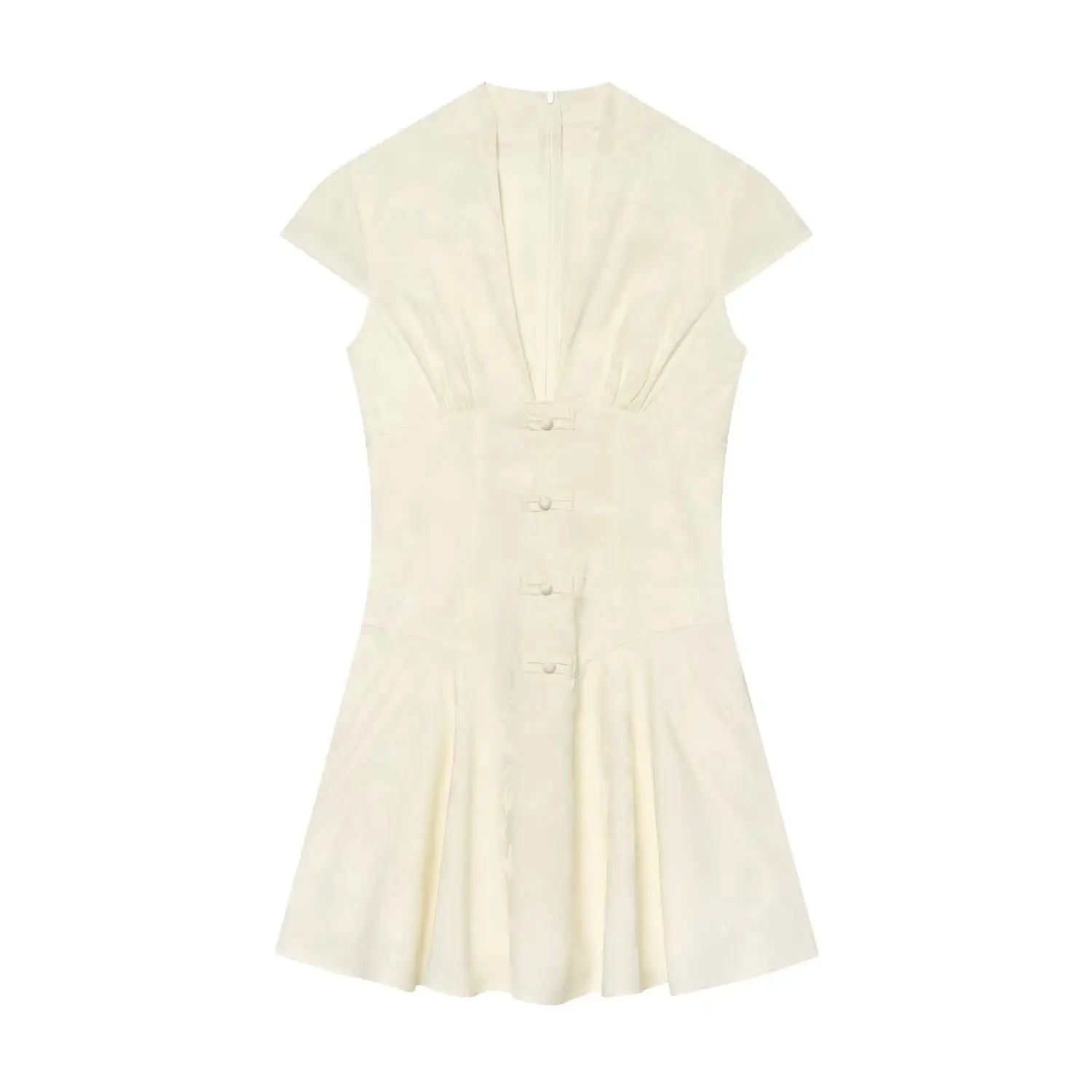  Front view cream white subtle floral jacquard mini dress, deep v neck cap sleeve, traditional frog buttons fitted waist flared skirt