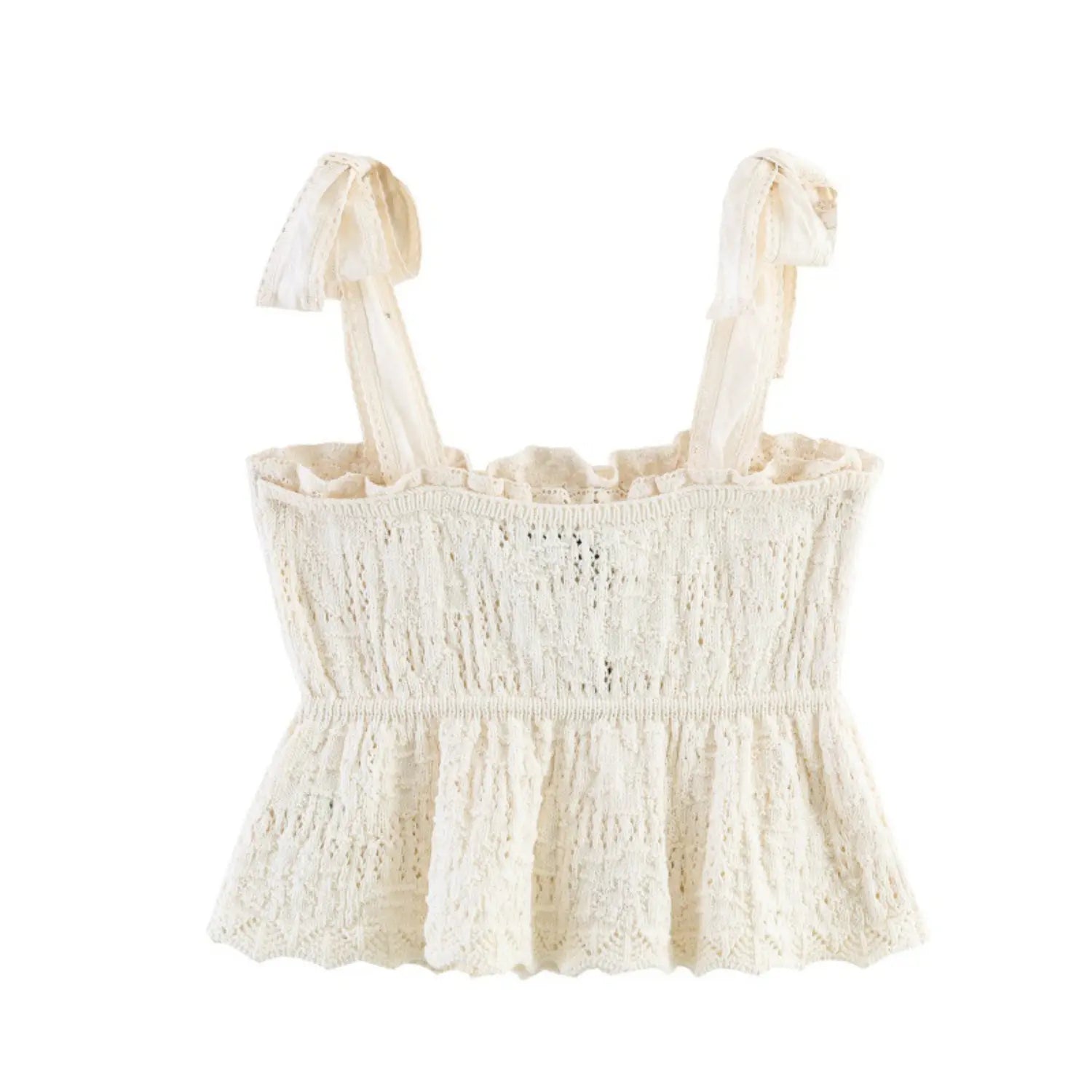 Back view flat lay, elastic smocked upper back, hollow openwork knit fabric, decorative shoulder bows