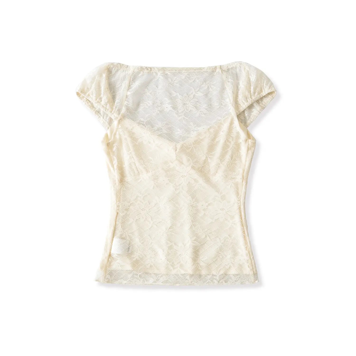 Floral lace top full back white flat lay, full sheer floral lace back panel simple solid inner lining dropped shoulder puff sleeves back sheer soft silhouette full display