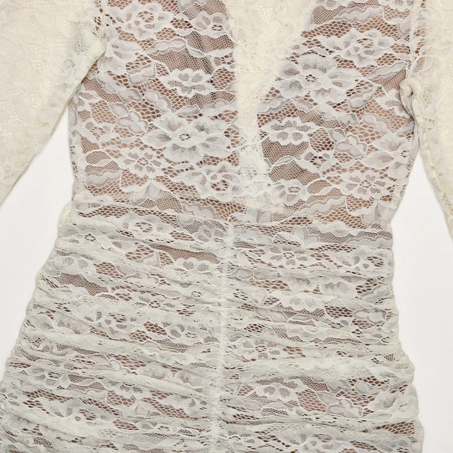 Flat shot back view cream sheer lace ruched long sleeve mini dress torso detail