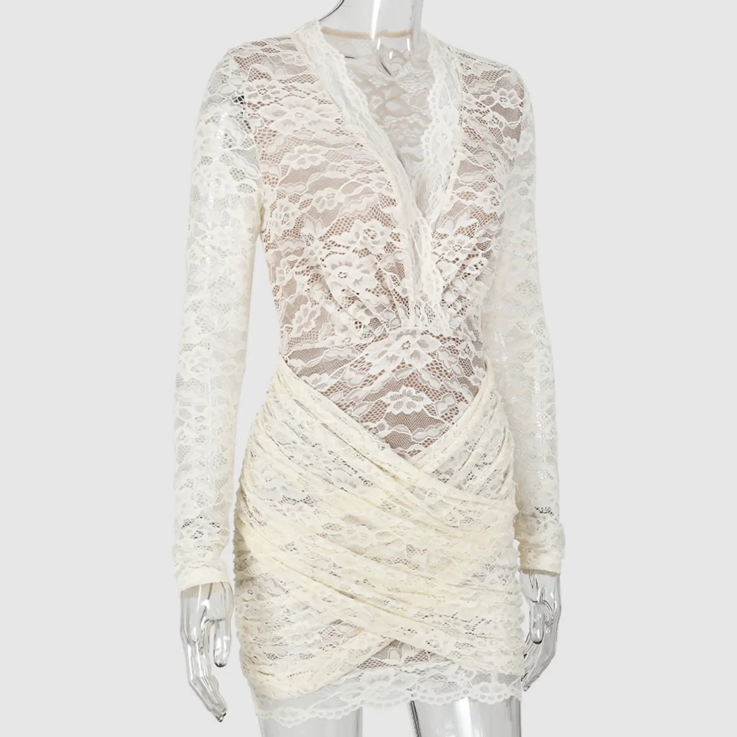 Side view mannequin cream deep v long sleeve lace ruched bodycon mini dress